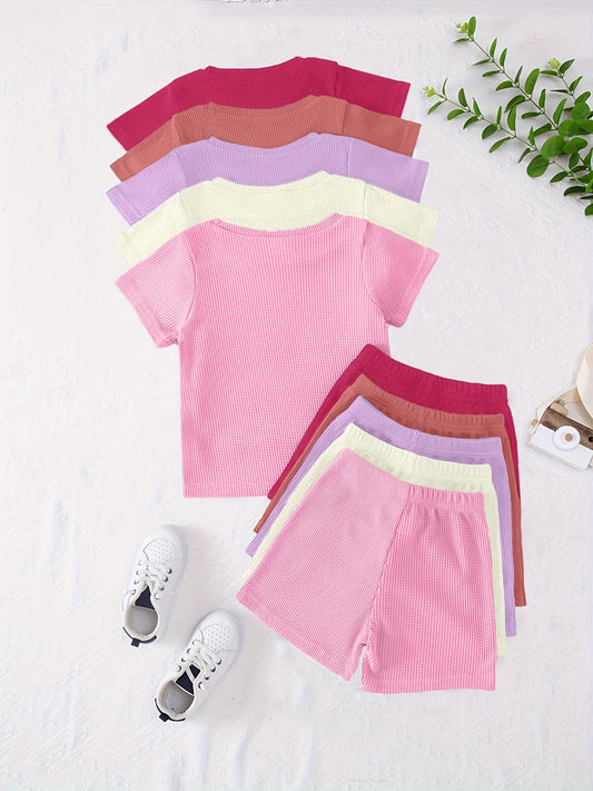10-Pack Girls' Urban Fashion Waffle Knit Short-Sleeve Tops and Shorts Set – Solid Color Casual Outfits Perfect for Summer Outdoor Wear – A Wonderful Gift for Your Granddaughter or Daughter