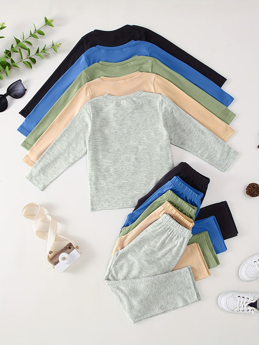 10-Pack Boys' Solid Color Casual Lightweight Soft Knit Long Sleeve T-Shirt and Pants Set