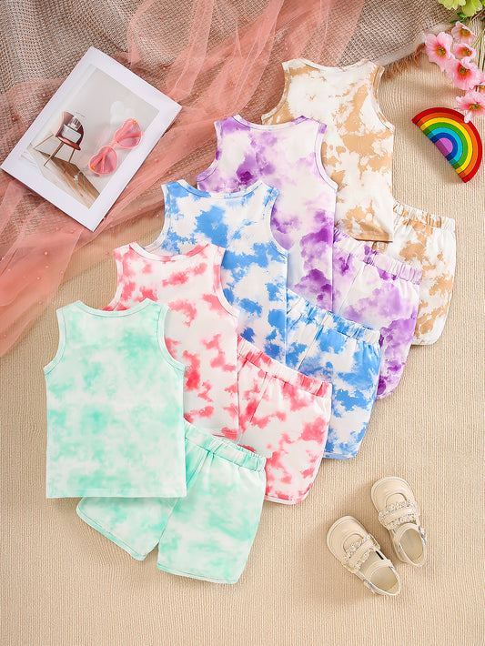 10-Pack Girls' Solid Color Casual Tie-Dye Tank Top and Shorts Set – Lightweight, Soft, and Comfortable Knit Fabric