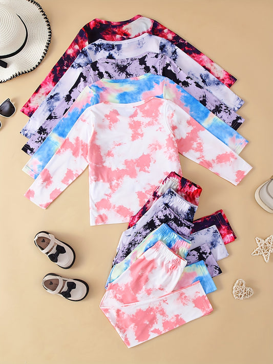 10-Pack Girls' Solid Color Casual Tie-Dye Long Sleeve T-Shirt and Pants Set in Lightweight Soft Knit Fabric