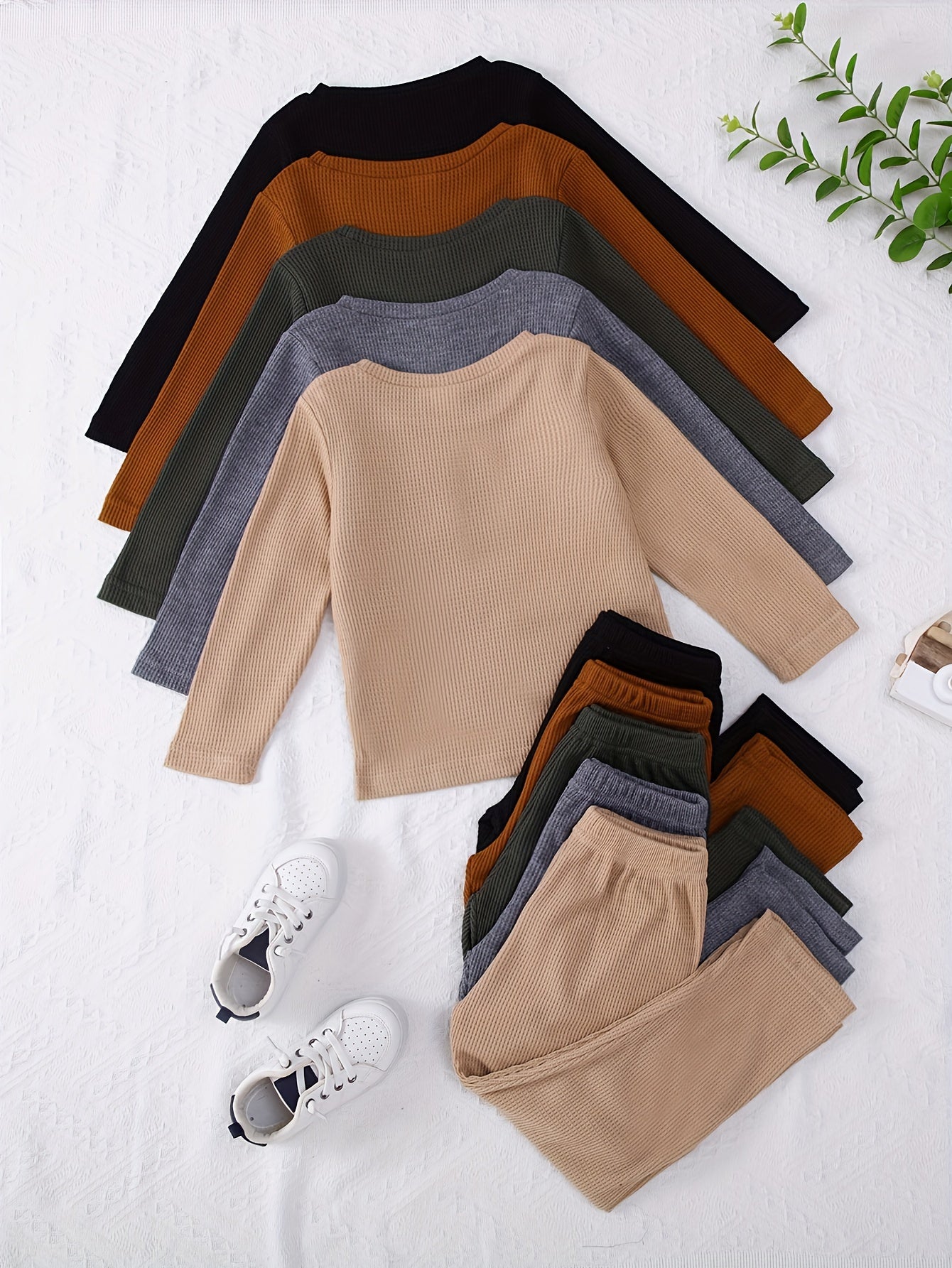 10-Piece Boys' Solid Color Casual Waffle Knit Long Sleeve Top and Pants Set, Soft and Comfortable