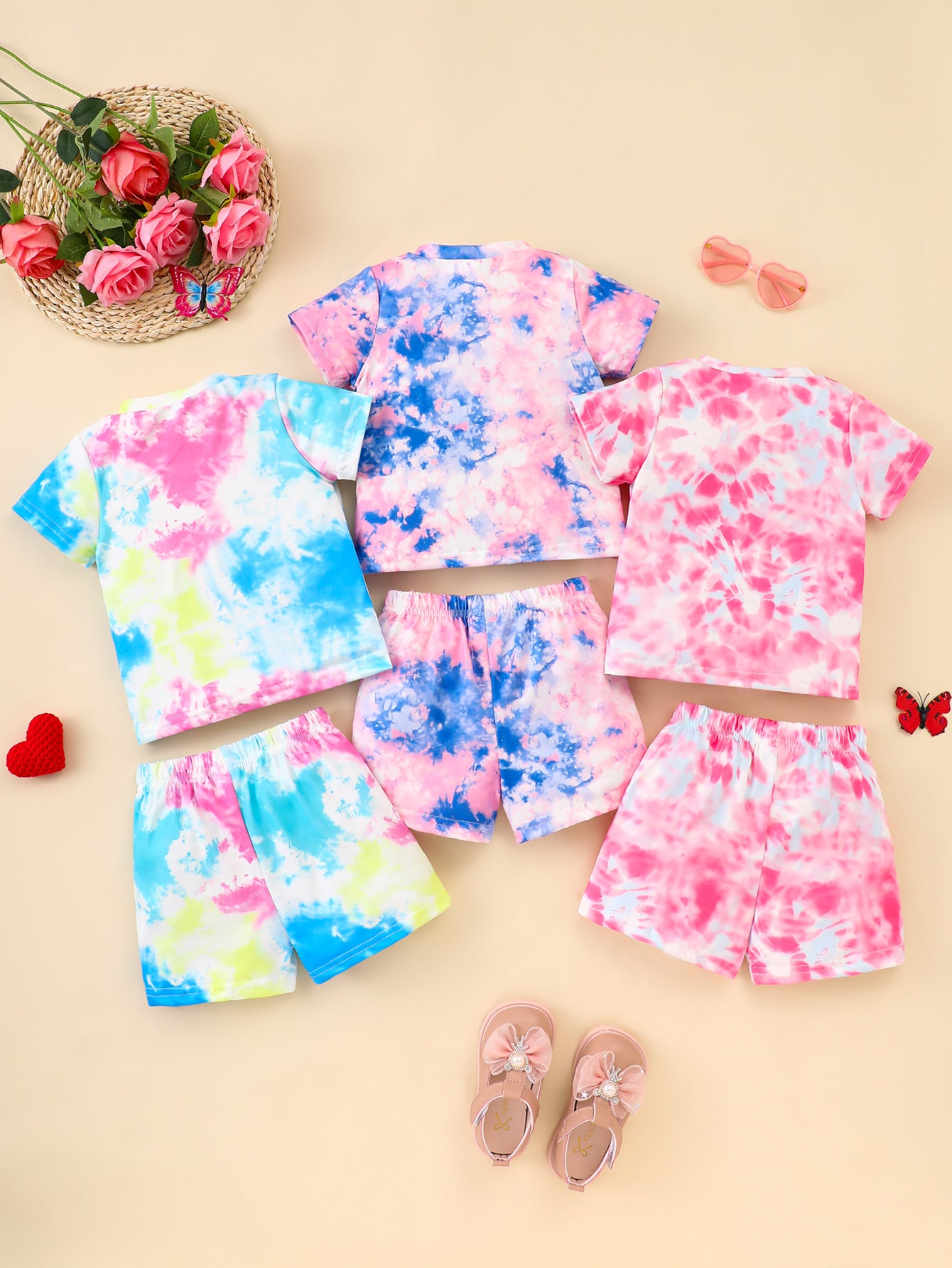 6PCS Baby Girl Short-Sleeve Sets: Whimsical Face Prints & Playful Tie-Dye