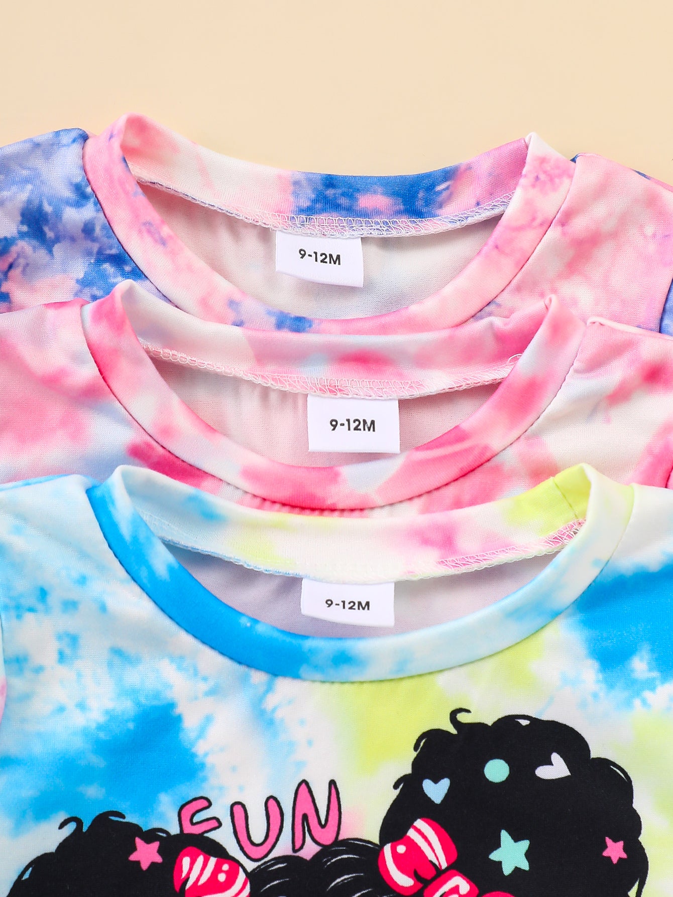 6PCS Baby Girl Short-Sleeve Sets: Whimsical Face Prints & Playful Tie-Dye