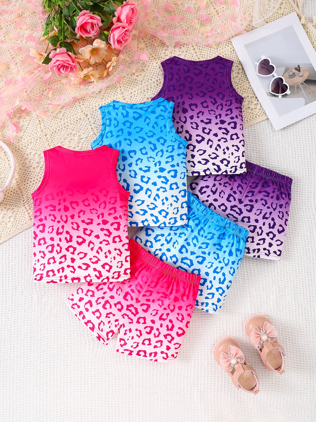 6-Piece Baby Girl Summer Casual Tank Top and Shorts Set with Little Girl and Leopard Print in Hot Pink, Blue, and Purple – Perfect for Everyday Wear.
