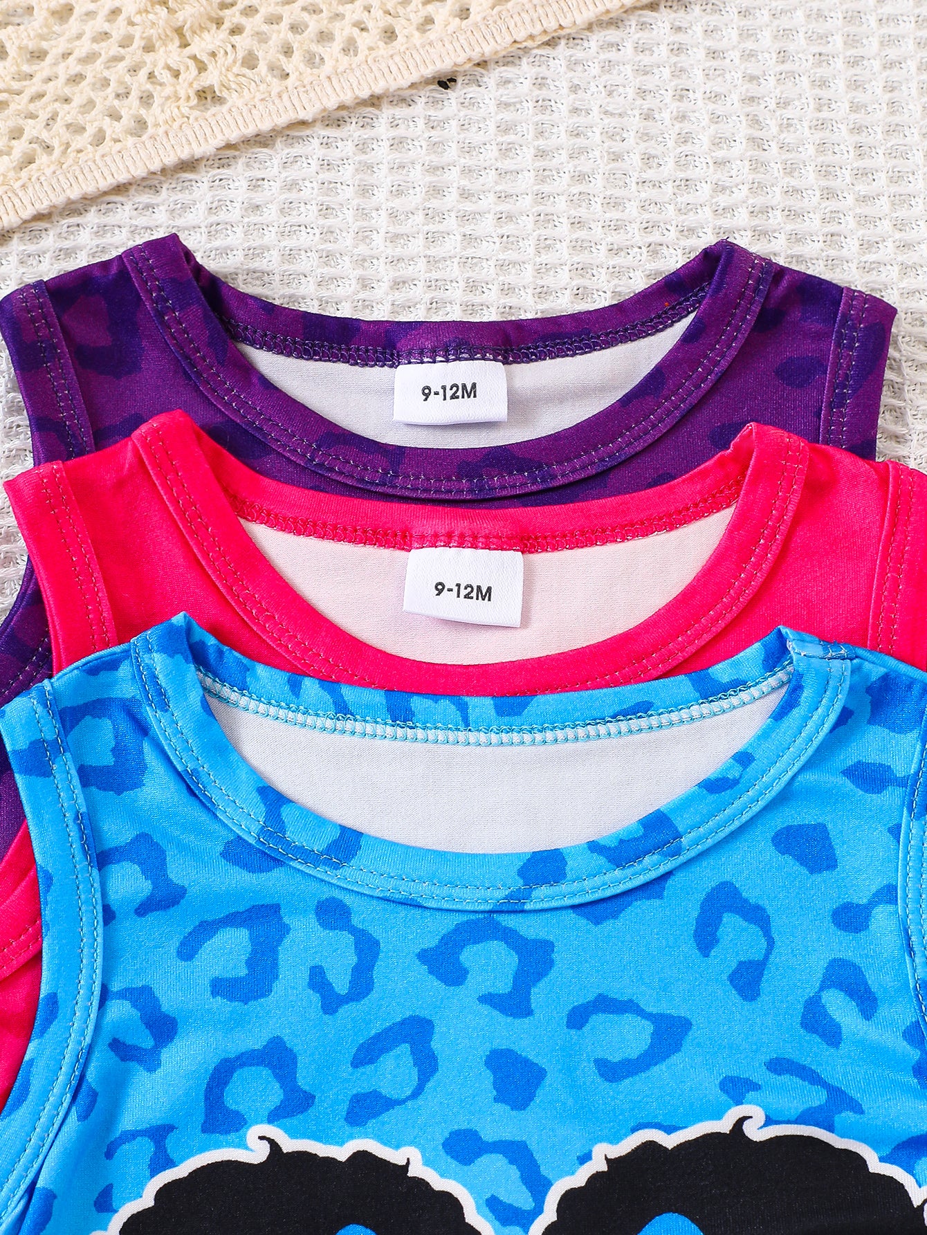6-Piece Baby Girl Summer Casual Tank Top and Shorts Set with Little Girl and Leopard Print in Hot Pink, Blue, and Purple – Perfect for Everyday Wear.