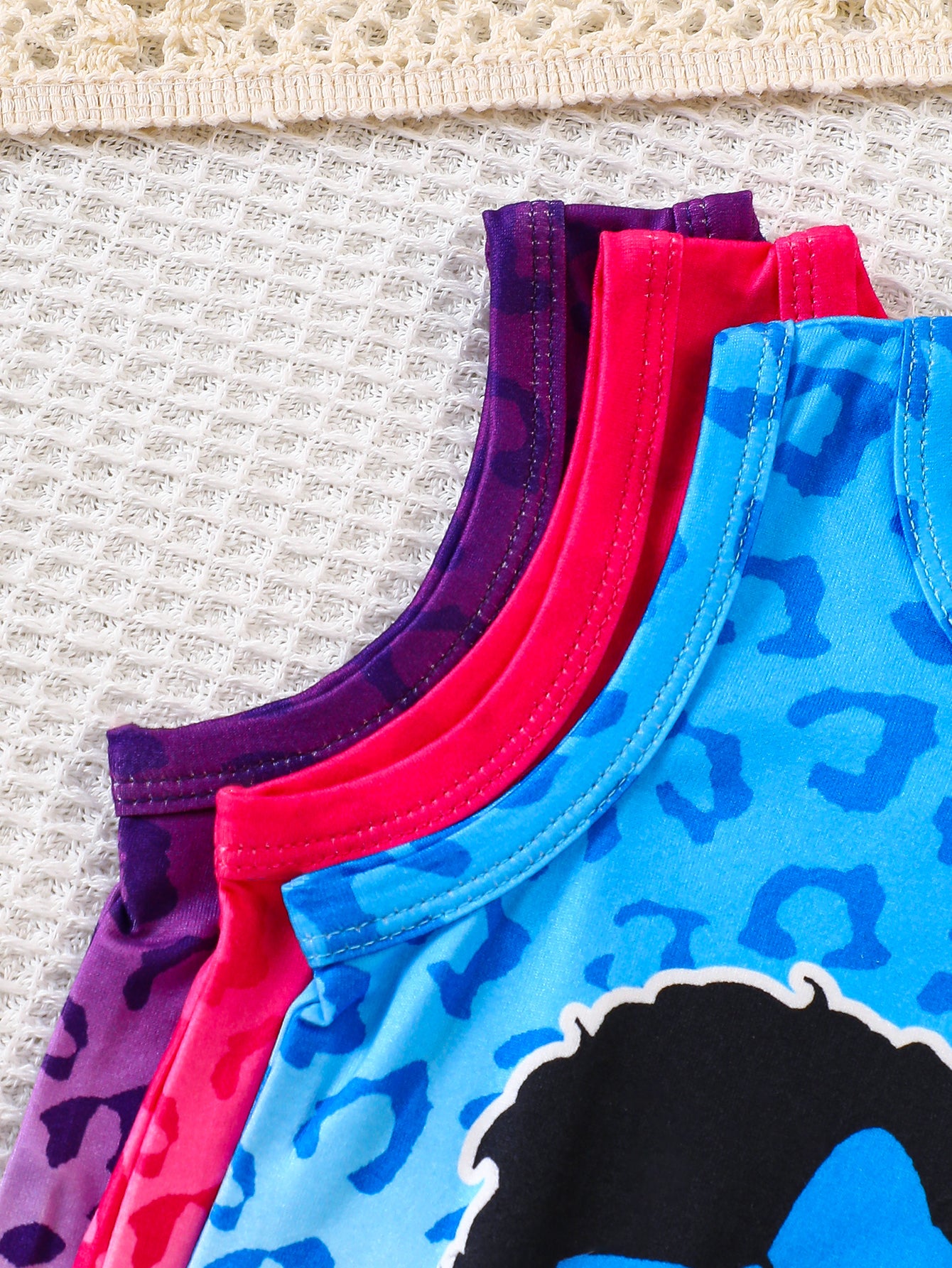 6-Piece Baby Girl Summer Casual Tank Top and Shorts Set with Little Girl and Leopard Print in Hot Pink, Blue, and Purple – Perfect for Everyday Wear.