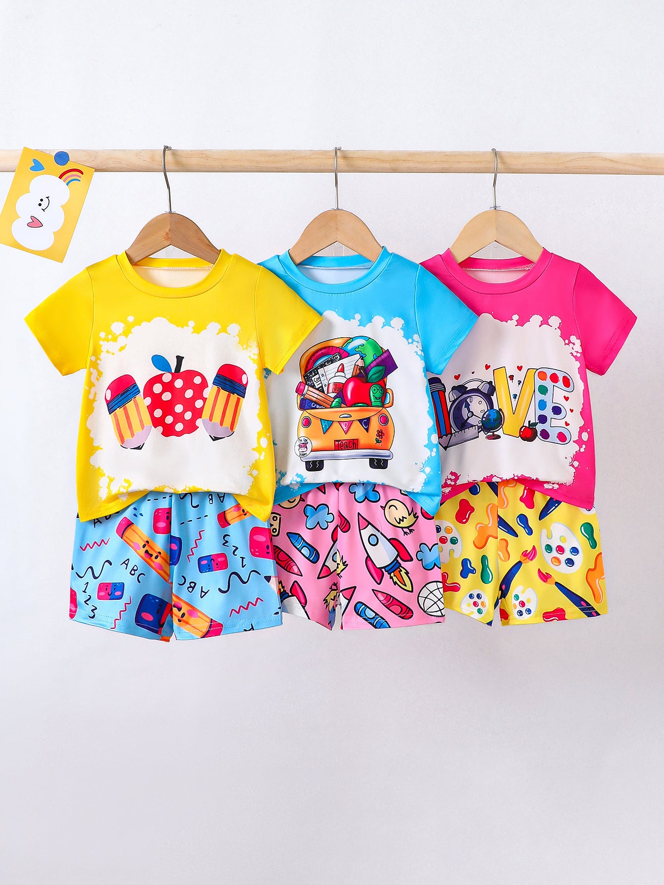 6PCS Baby Girl Clothes Set Short Sleeve Apple Crayon Print Outfits for School Play