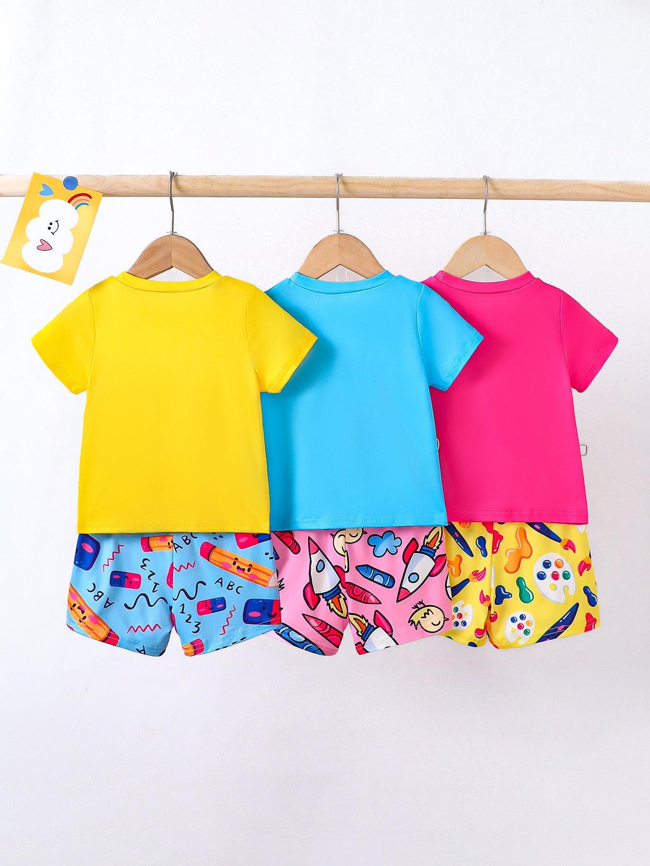 6PCS Baby Girl Clothes Set Short Sleeve Apple Crayon Print Outfits for School Play