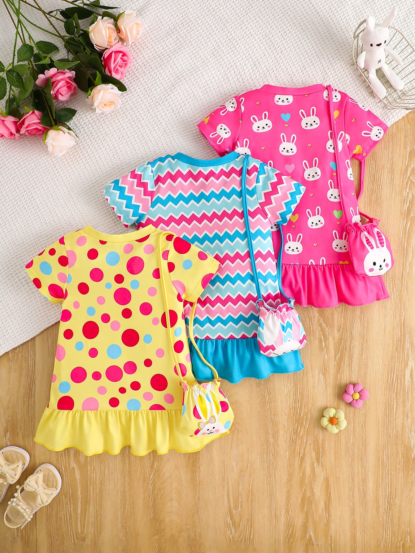 3-Pack Baby Girl Outfit Set – Polka Dot and Bunny Print Dresses with Crossbody Bag – Perfect for Everyday Outings and a Wonderful Gift for Your Granddaughter