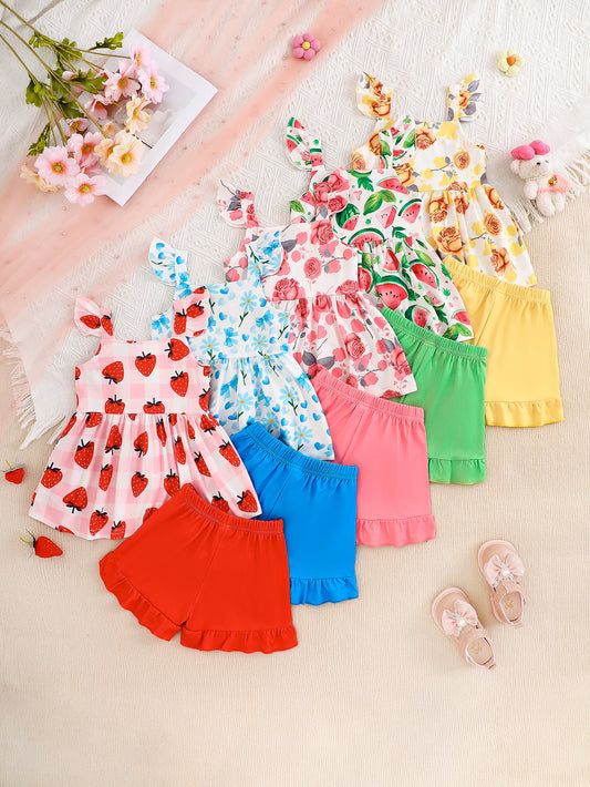 10-Pack Baby Girl Casual Summer Outfit Set – Sleeveless Tops and Shorts with Strawberry, Heart & Bow, Rose, and Watermelon Prints in Soft Knit Fabric