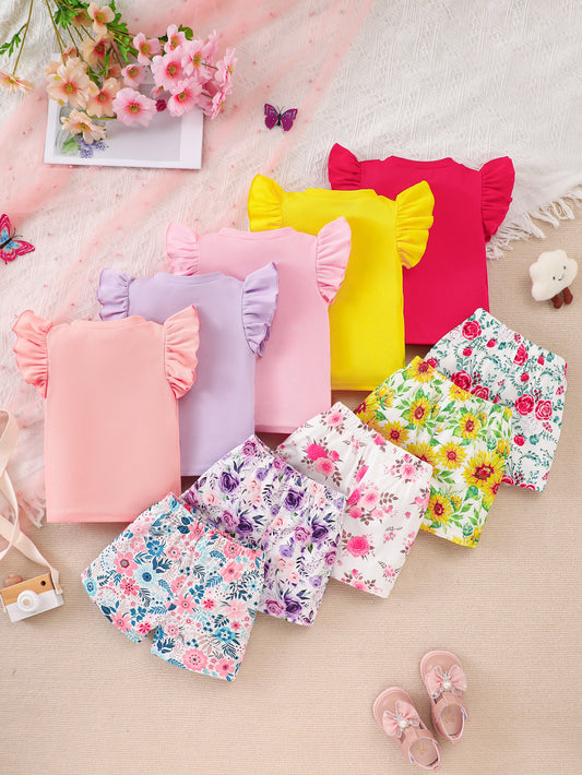 10-Pack Baby Girl Casual Outfits – Purple, Pink, Red Rose and Yellow Sunflower Print Flutter Sleeve Bow Tops and Shorts in Soft Ribbed Knit Fabric