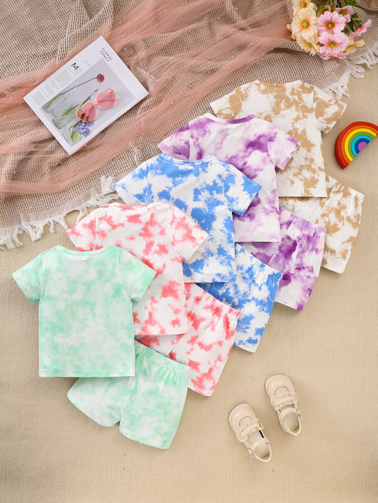 10-Pack Girls' Solid Color Casual Tie-Dye T-Shirt and Shorts Set – Lightweight, Soft Knit Fabric for Outdoor Sports