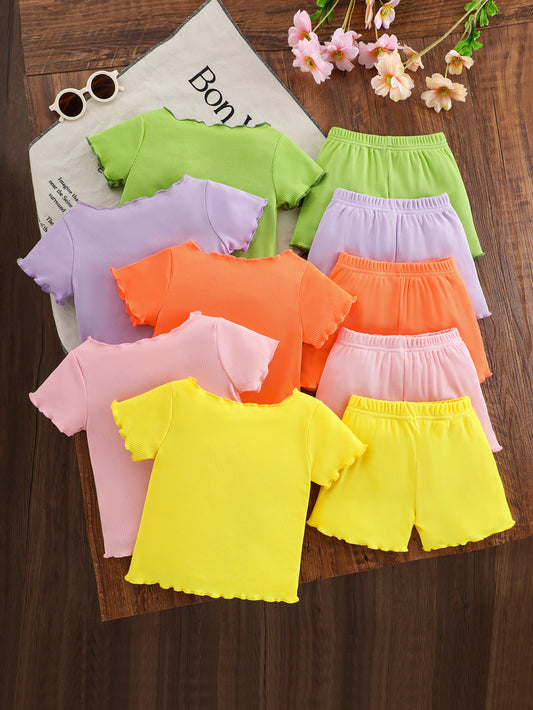 10-Pack Baby Girl Outfit Set – Ribbed Short-Sleeve Tops and Shorts in Yellow, Pink, Purple, Green, and Orange – Perfect for Everyday Outdoor Wear and a Wonderful Gift for Your Daughter or Granddaughter