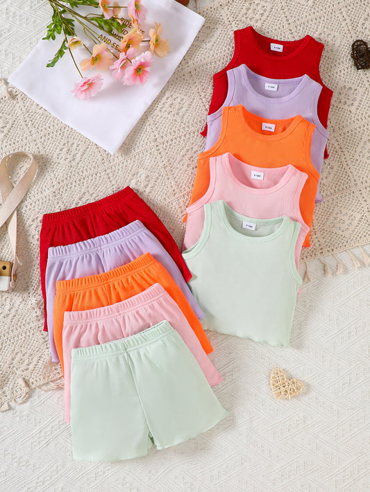 10-Piece Baby Girl Ice Silk Ribbed Solid Color Soft and Comfortable Tank Top and Shorts Set