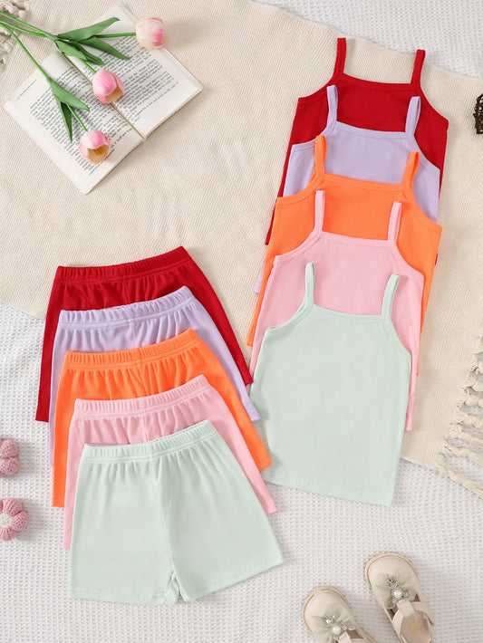 10-Piece Baby Girl Solid Color Ribbed Ice Silk Tank Top and Shorts Set, Soft and Comfortable