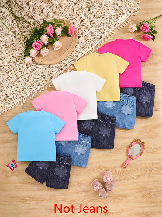 10-Pack Baby Girl Casual Princess Graphic Knit T-Shirt and Faux Denim Shorts Set – Soft, Comfortable, and Perfect for Everyday Outdoor Wear