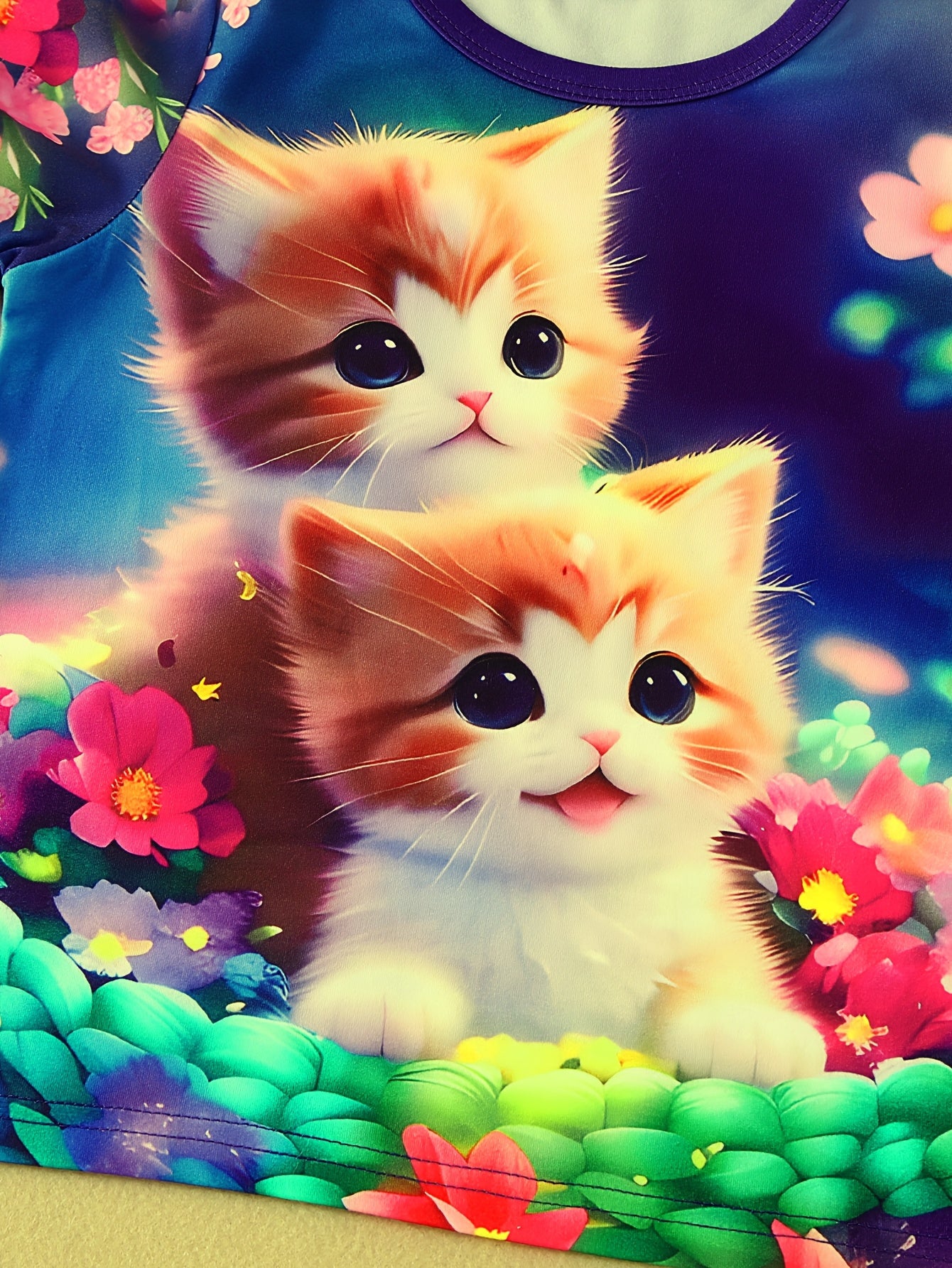 5-Pack Girls' Short Sleeve T-Shirts featuring Adorable Cat and Floral Prints – Made from soft, comfortable fabric with a casual and stylish design, perfect for outdoor activities, sports, and everyday wear during the spring and summer seasons.