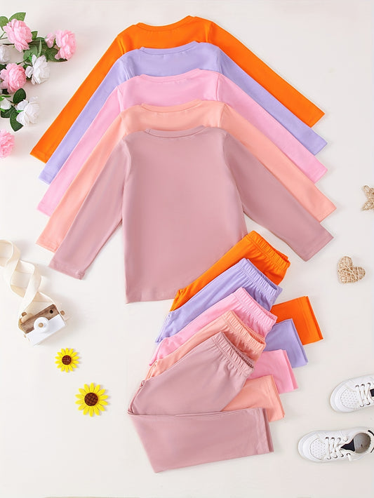 10-Pack Girls' Solid Color Casual Lightweight Soft and Comfortable Knit Long Sleeve T-Shirt and Pants Set