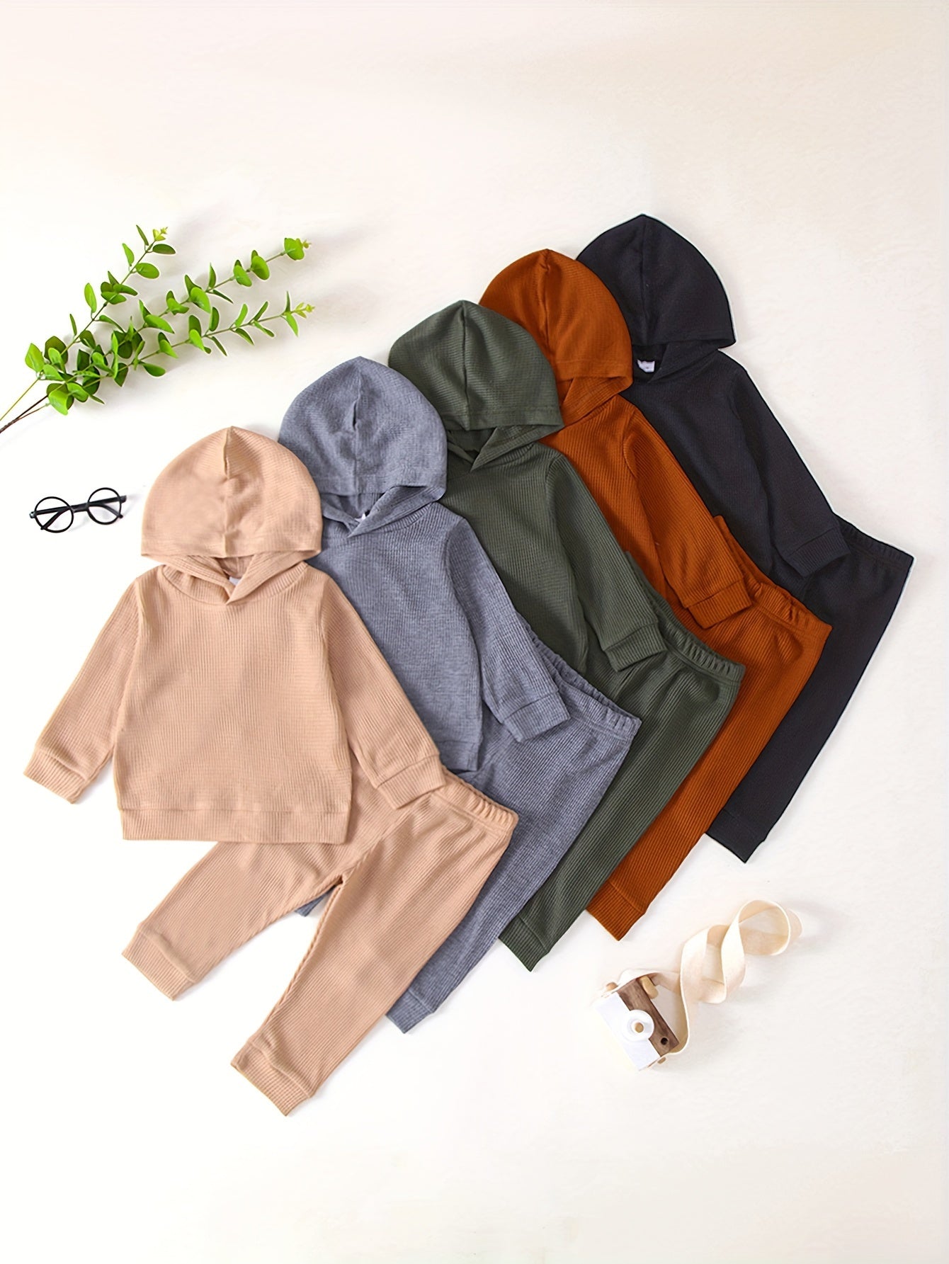 10-Piece Boys’ Solid Color Casual Waffle Knit Hoodie and Pants Set, Soft and Comfortable