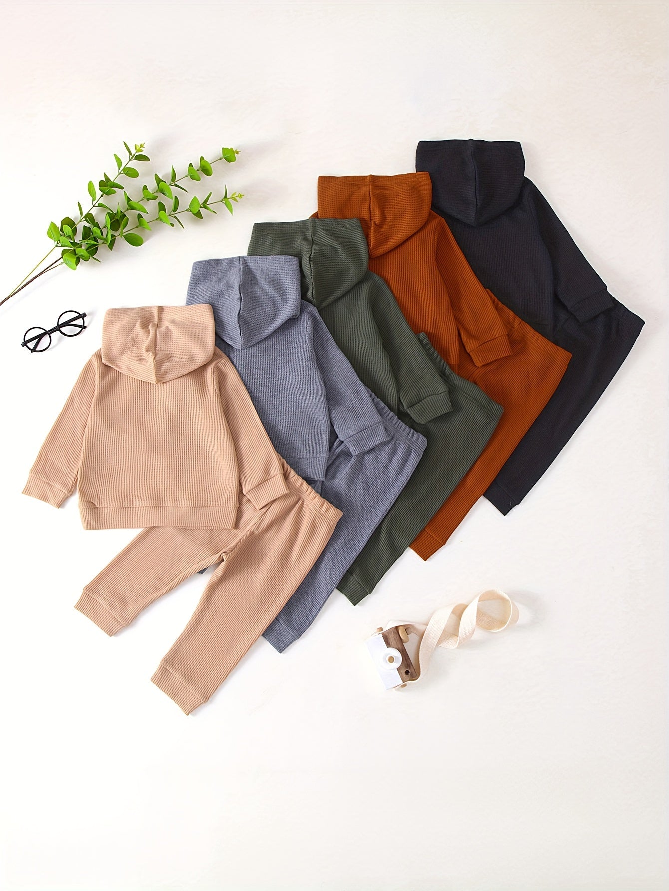10-Piece Boys’ Solid Color Casual Waffle Knit Hoodie and Pants Set, Soft and Comfortable