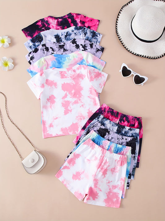 10-Pack Girls' Solid Color & Tie-Dye Casual Short Sleeve and Shorts Set, Lightweight and Soft Knit Fabric, Ideal for Outdoor Sports and Activities.