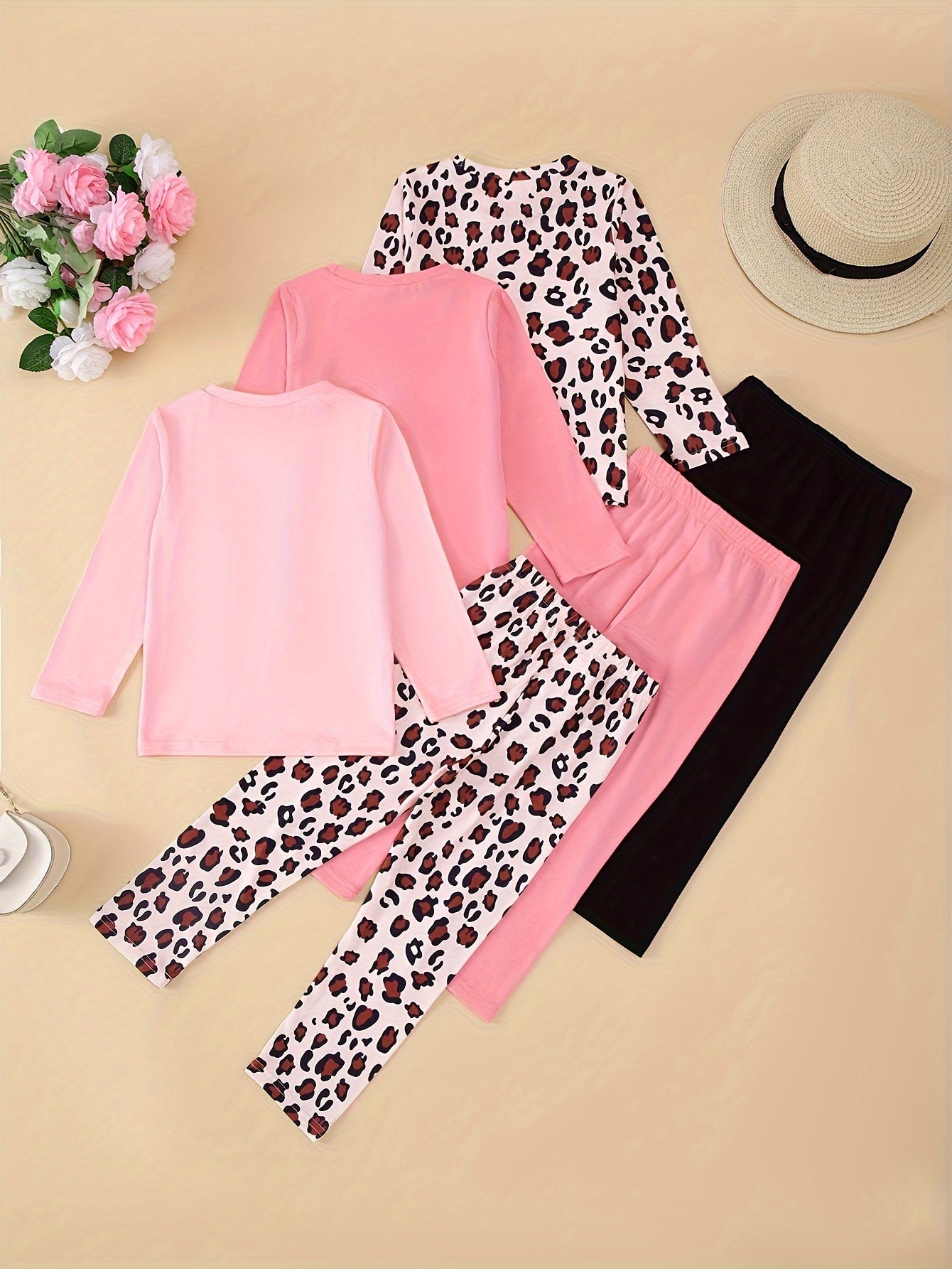 6-Pack Girls' Casual Style Long Sleeve T-Shirt and Pants Set – Cute Cat, Leopard Print, and Solid Colors in Soft, Comfortable Knit Fabric