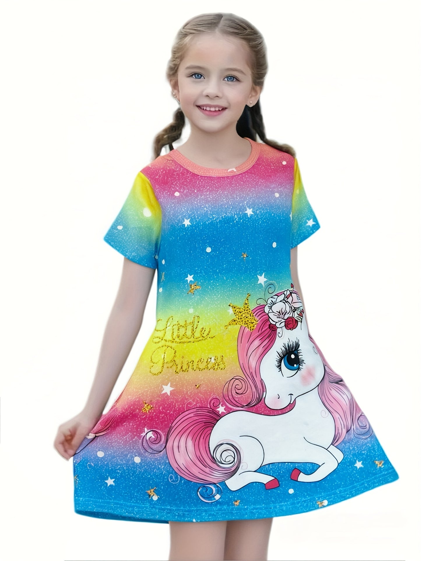 3-Pack Girls' Charming A-Line Dresses – Featuring 3D Unicorn, Starry Night Prints, Vibrant Rainbow Gradients, and Sparkling Accents – Short-Sleeve Casual Cartoon Dresses for Spring/Summer – Stylish and Fun for Kids