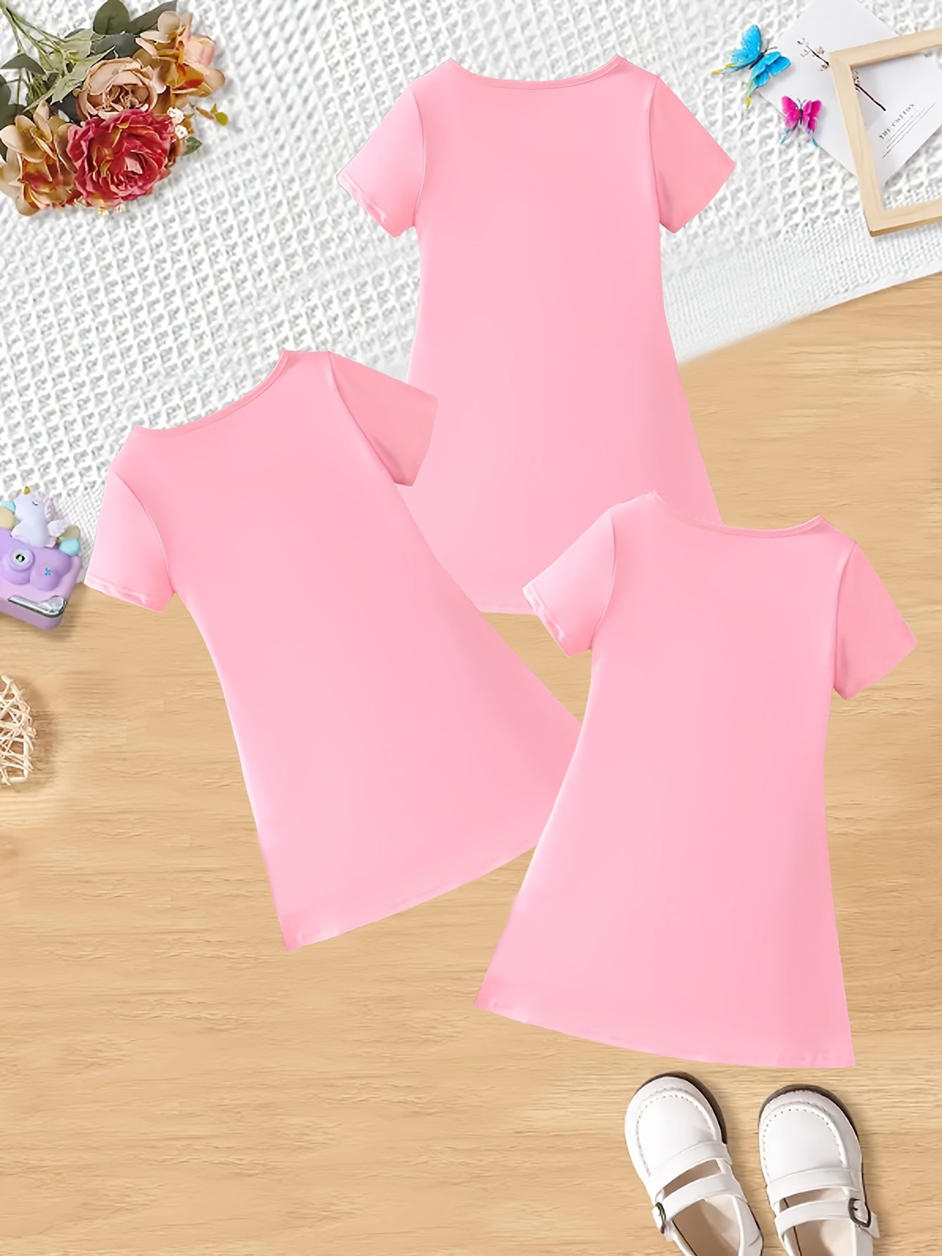 3-Piece Baby Girl Summer Casual Knit Dress Set – Short Sleeve Faux Denim 3D Cat Print Dresses