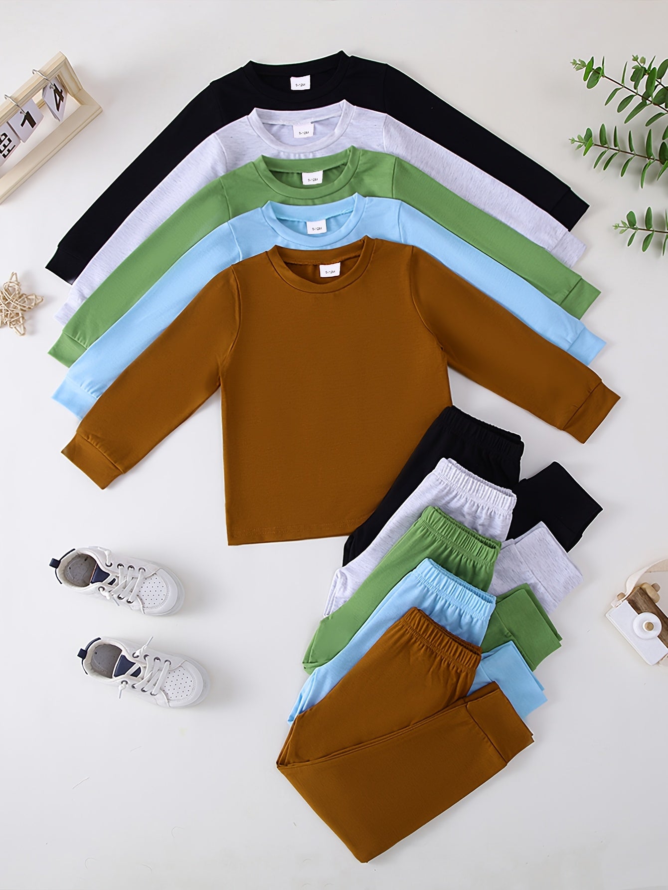 10-Pack Boys' Casual Solid Color Lightweight Soft Knit Long Sleeve T-Shirt and Pants Set
