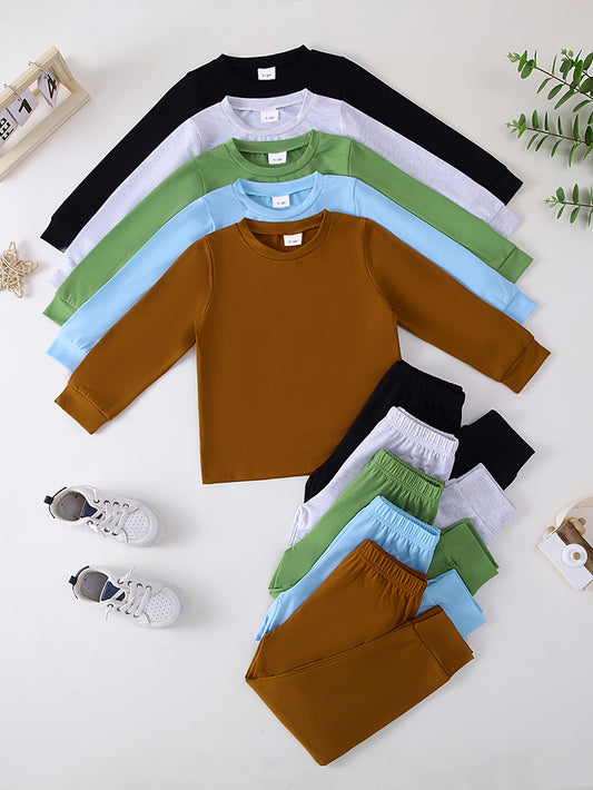 10-Pack Boys' Casual Solid Color Lightweight Soft Knit Long Sleeve T-Shirt and Pants Set