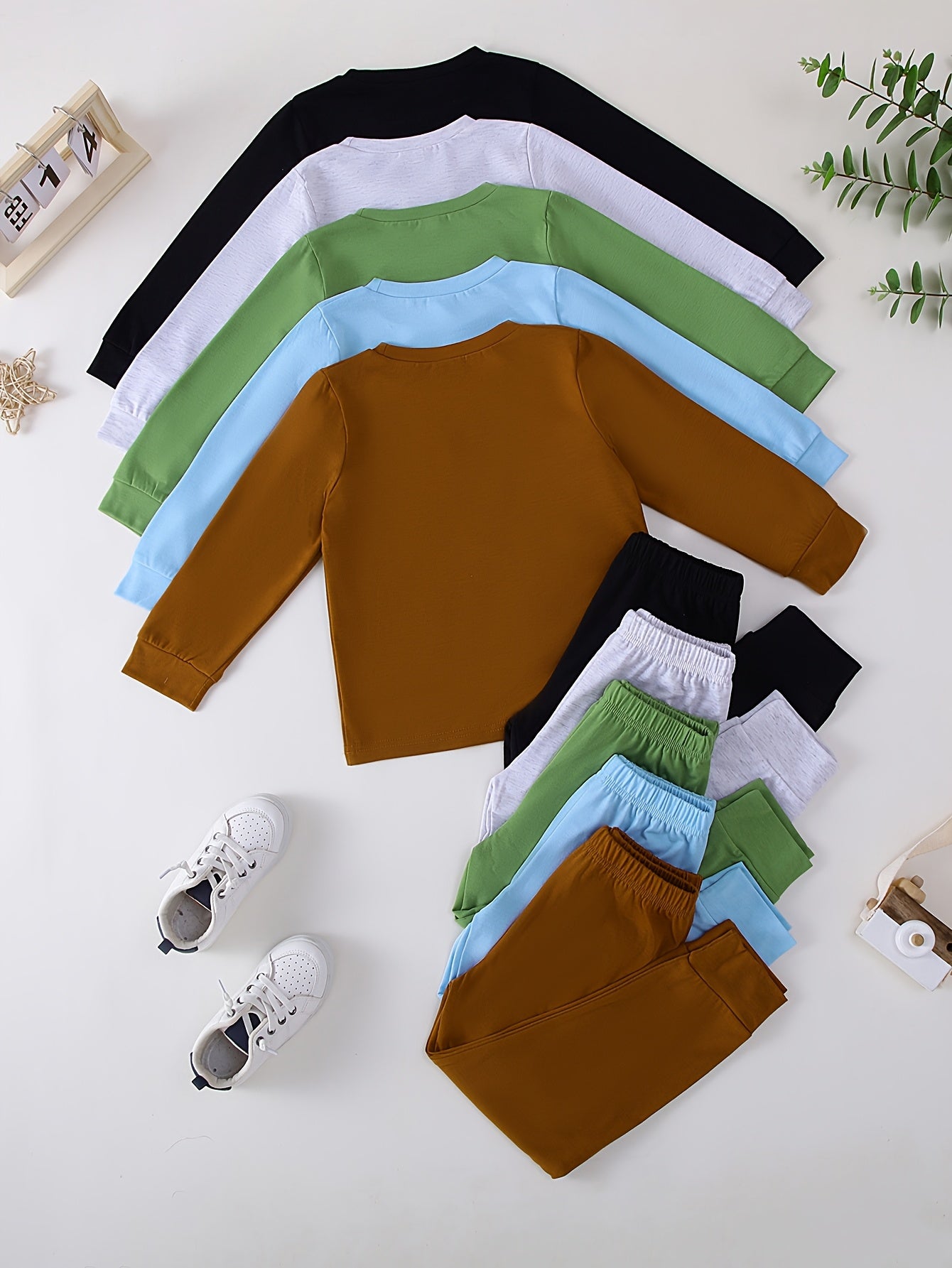 10-Pack Boys' Casual Solid Color Lightweight Soft Knit Long Sleeve T-Shirt and Pants Set