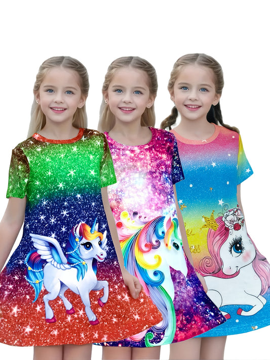3-Pack Girls' Charming A-Line Dresses – Featuring 3D Unicorn, Starry Night Prints, Vibrant Rainbow Gradients, and Sparkling Accents – Short-Sleeve Casual Cartoon Dresses for Spring/Summer – Stylish and Fun for Kids