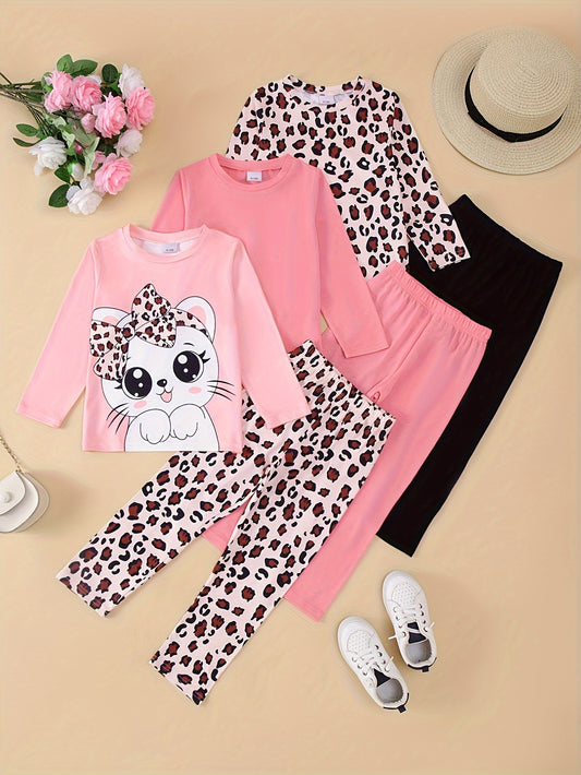 6-Pack Girls' Casual Style Long Sleeve T-Shirt and Pants Set – Cute Cat, Leopard Print, and Solid Colors in Soft, Comfortable Knit Fabric