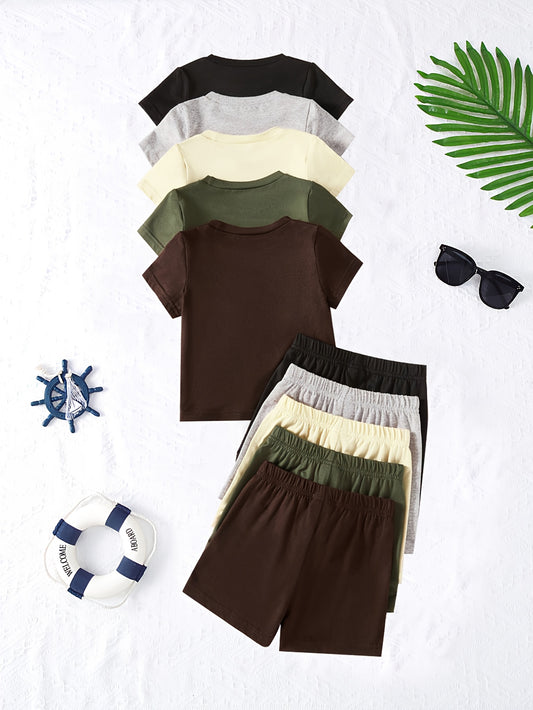 10-Pack Baby Solid Color Base Layer Set – Soft and Comfortable Knit Short-Sleeve Tops and Shorts