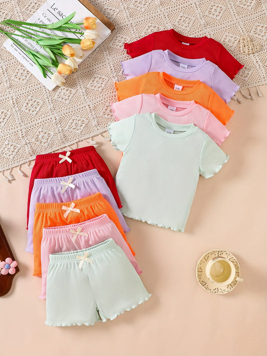 10-Piece Baby Girl Ice Silk Ribbed Solid Color Short Sleeve and Shorts Set, Soft and Comfortable.