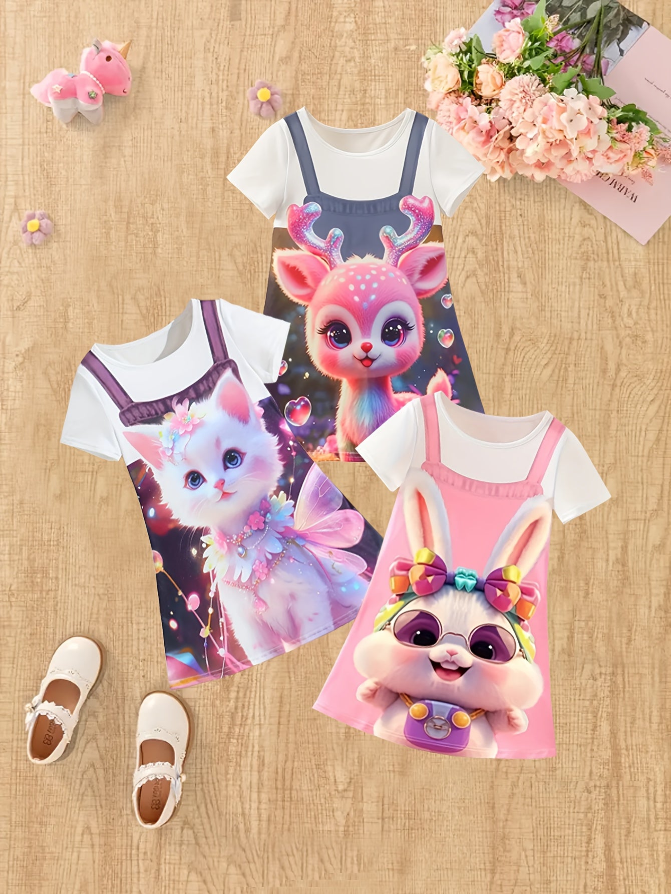 3-Pack Toddler Girls' Summer Casual Short Sleeve Faux Denim 3D Cat Print Knit Dresses