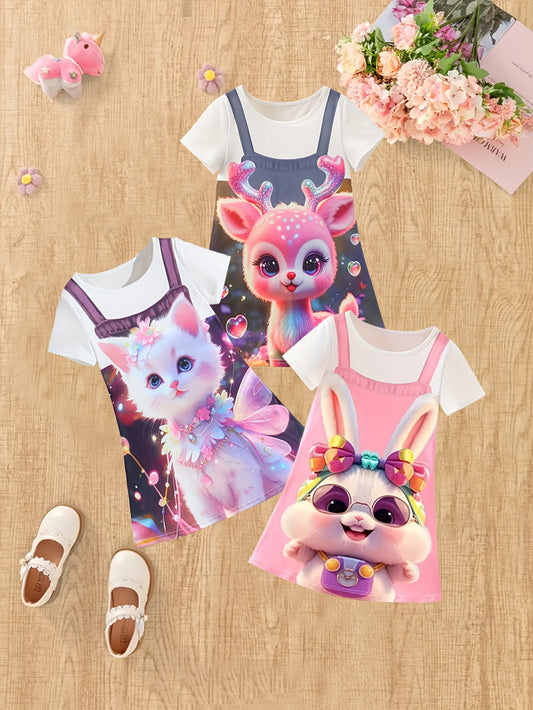 3-Pack Toddler Girls' Summer Casual Short Sleeve Faux Denim 3D Cat Print Knit Dresses