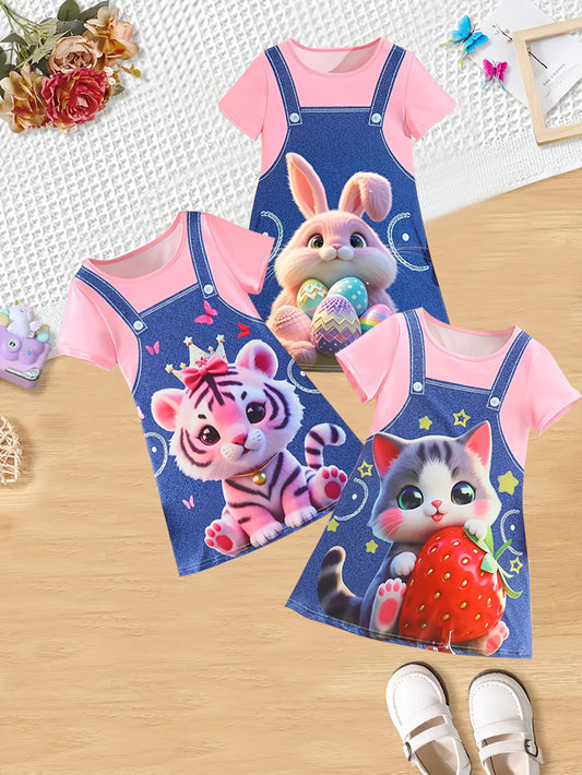3-Piece Baby Girl Summer Casual Knit Dress Set – Short Sleeve Faux Denim 3D Cat Print Dresses