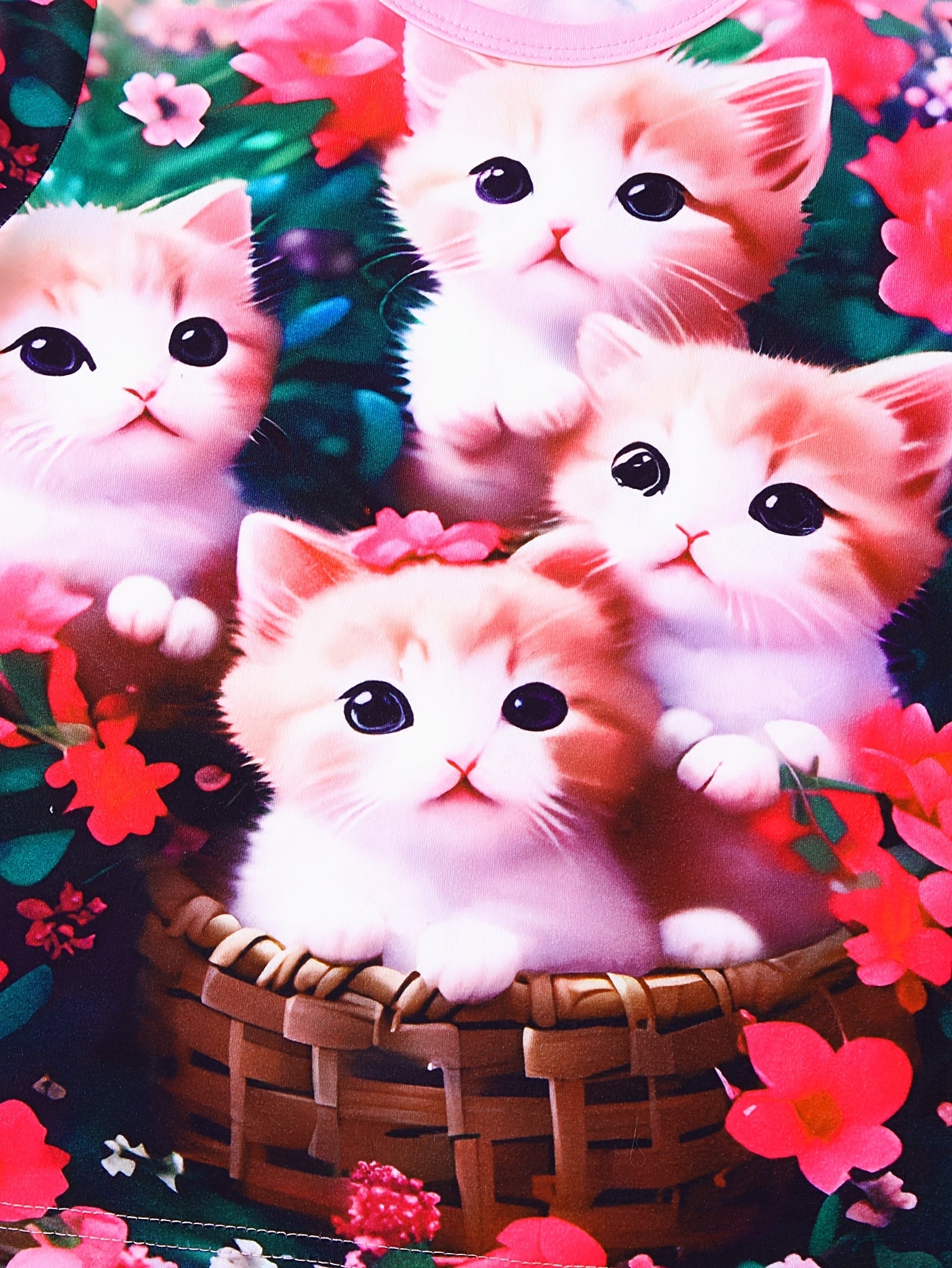 5-Pack Girls' Short Sleeve T-Shirts featuring Adorable Cat and Floral Prints – Made from soft, comfortable fabric with a casual and stylish design, perfect for outdoor activities, sports, and everyday wear during the spring and summer seasons.