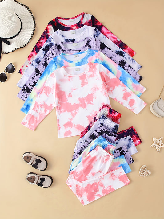 10-Pack Girls' Solid Color Casual Tie-Dye Long Sleeve T-Shirt and Pants Set in Lightweight Soft Knit Fabric
