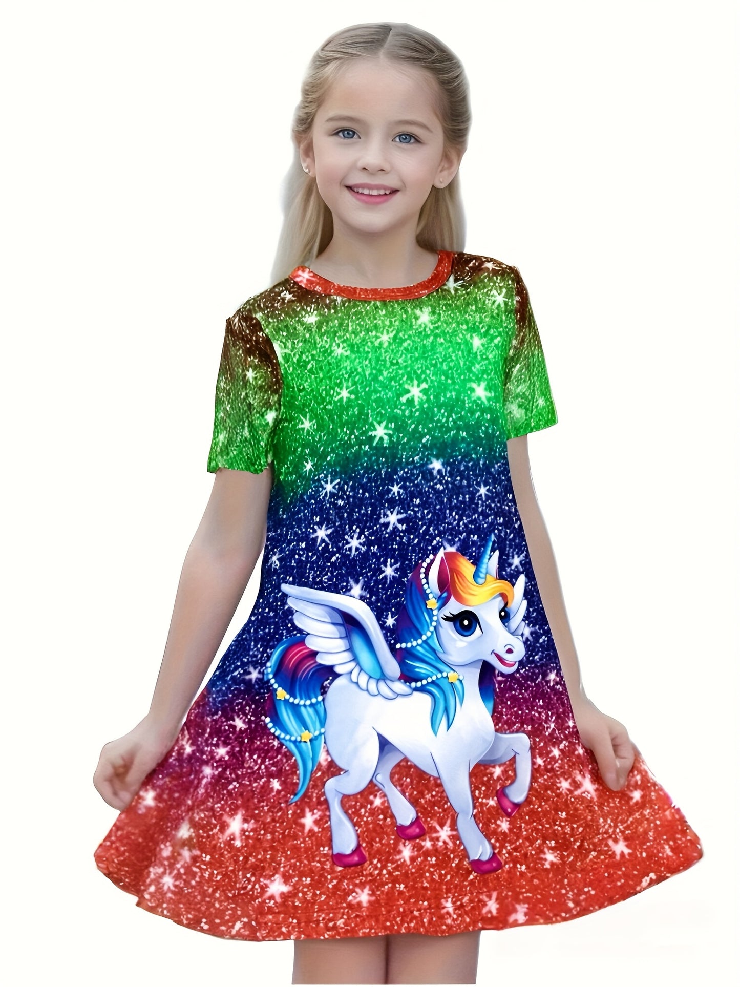 3-Pack Girls' Charming A-Line Dresses – Featuring 3D Unicorn, Starry Night Prints, Vibrant Rainbow Gradients, and Sparkling Accents – Short-Sleeve Casual Cartoon Dresses for Spring/Summer – Stylish and Fun for Kids