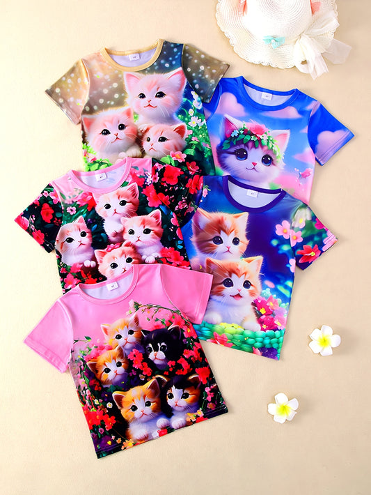 5-Pack Girls' Short Sleeve T-Shirts featuring Adorable Cat and Floral Prints – Made from soft, comfortable fabric with a casual and stylish design, perfect for outdoor activities, sports, and everyday wear during the spring and summer seasons.