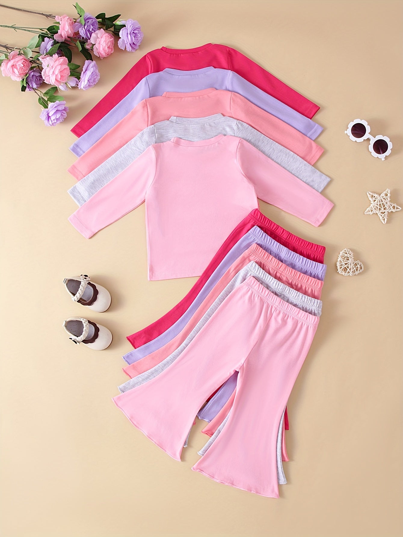10-Piece Girls' Solid Color Long Sleeve T-Shirt and Flare Pants Set in Soft Comfortable Knit Fabric