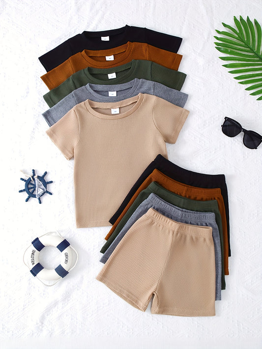 10-Piece Boys' Solid Color Casual Waffle Knit Short Sleeve and Shorts Set, made from soft and comfortable fabric.
