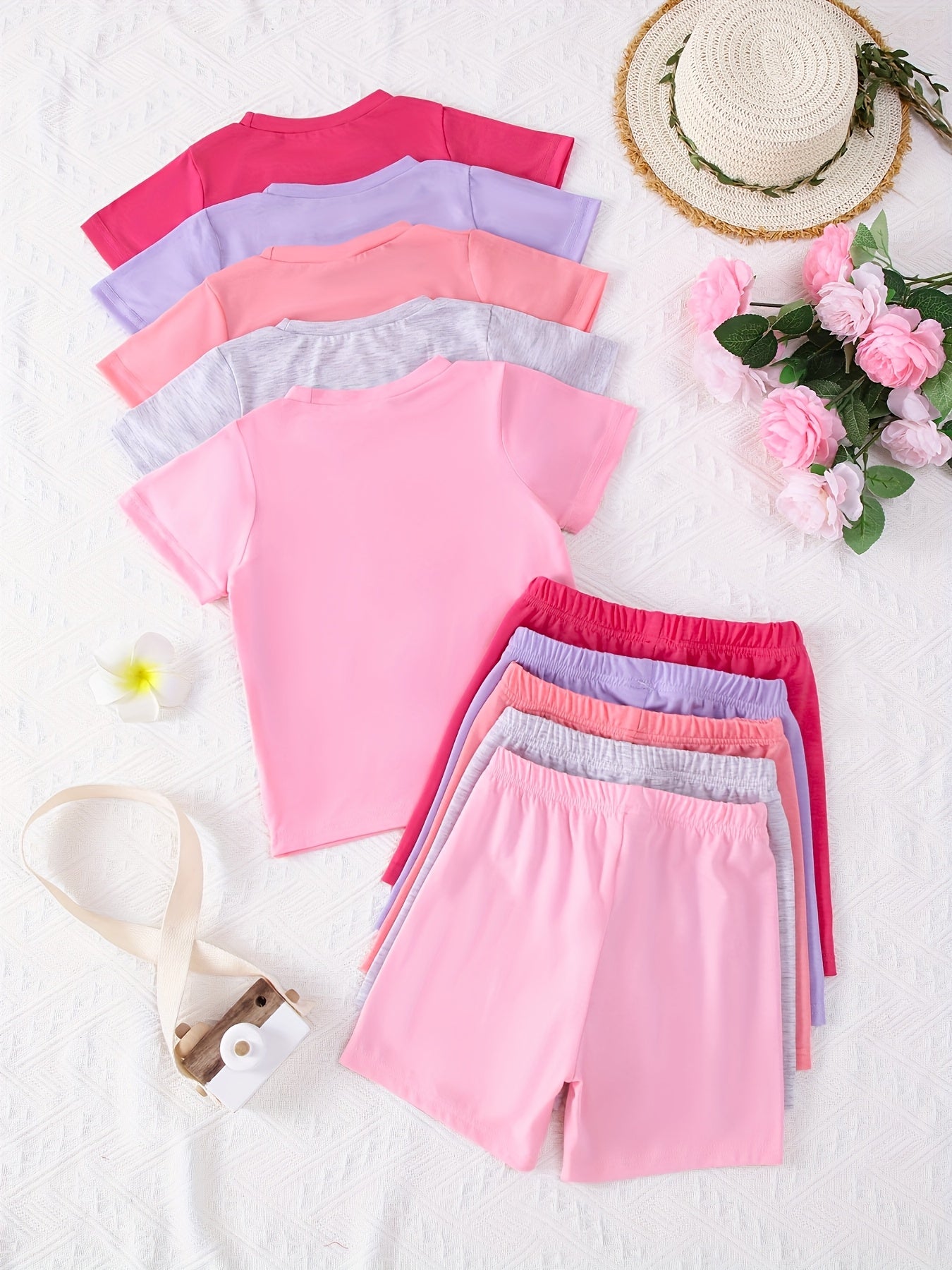 10-Piece Baby Solid Color Knit Short Sleeve Tops and Shorts Set