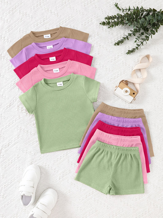 10-Piece Girls' Casual Solid Color Waffle Knit Short Sleeve and Shorts Set – Soft and Comfortable Outfit