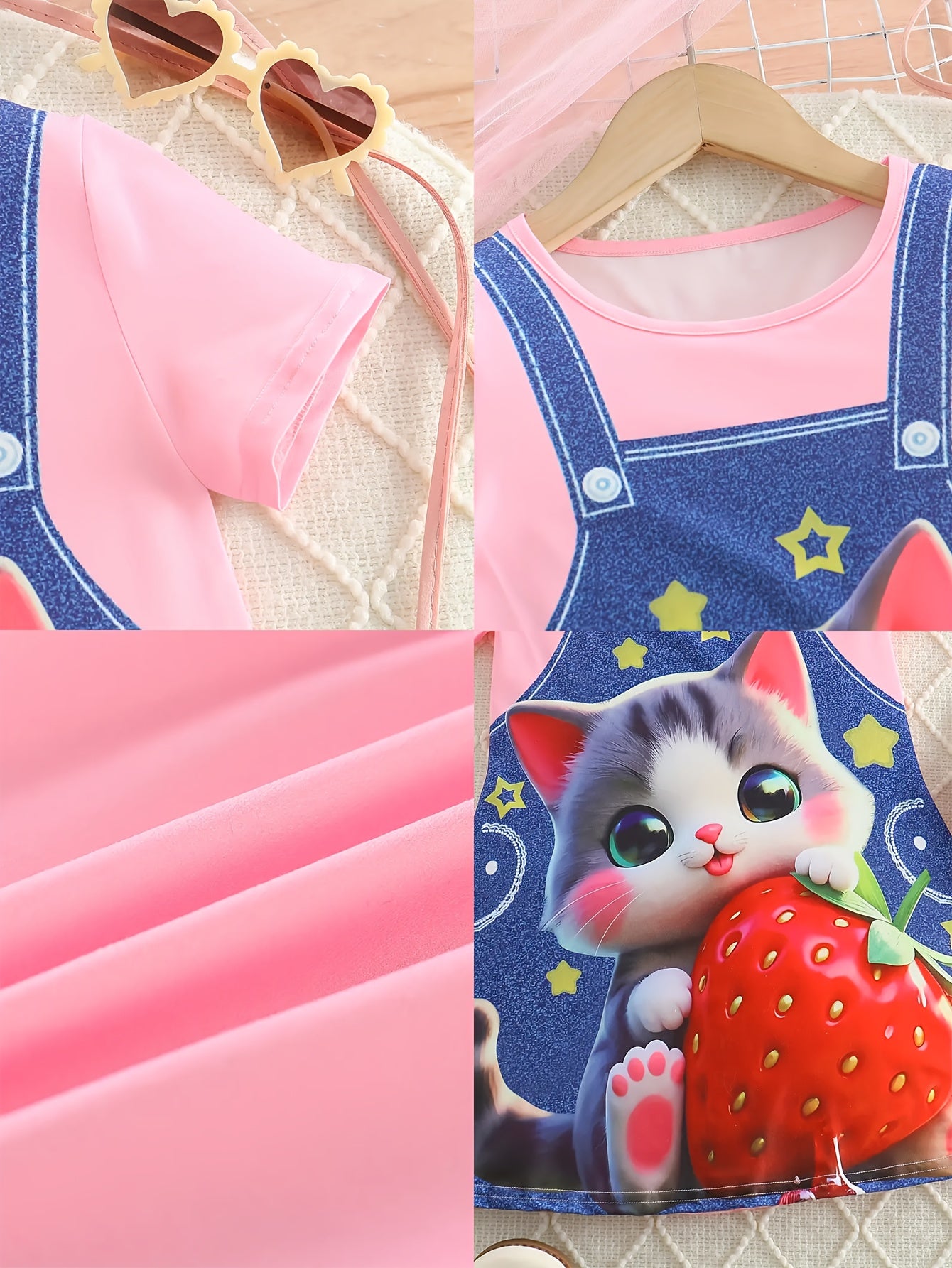 3-Piece Baby Girl Summer Casual Knit Dress Set – Short Sleeve Faux Denim 3D Cat Print Dresses