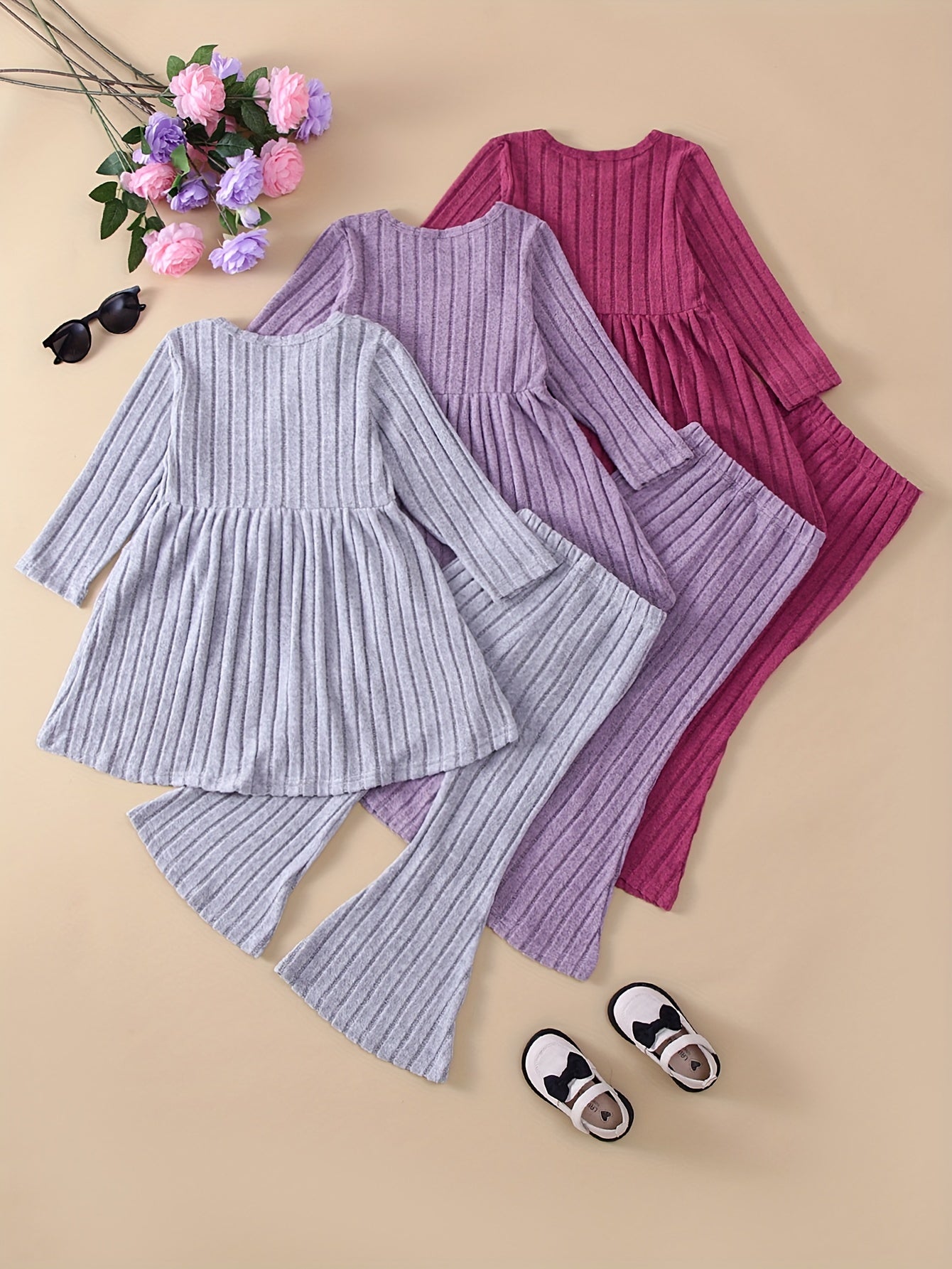 6-Piece Fall and Winter Girls' Outfit Set – Sweet Ruffle Ribbed Knit Long-Sleeve Top and Flared Pants, Warm and Solid Color Design.