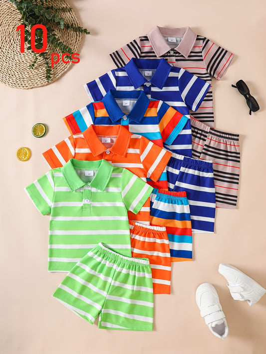 10-Piece Boys' Preppy Urban Style Outfit Set – Striped Short-Sleeve T-Shirts and Shorts – Casual and Trendy Summer Clothing Perfect for Outdoor Camping, Travel, Sports, Fishing, and Basketball.