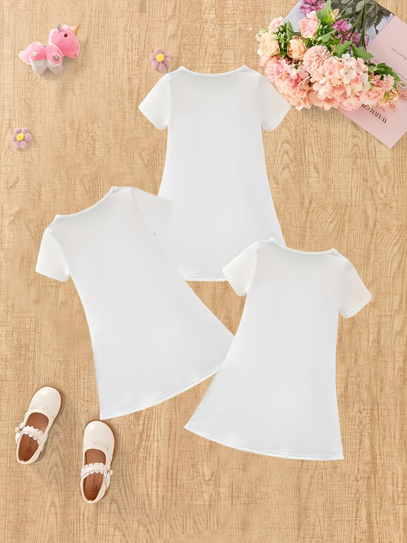 3-Pack Toddler Girls' Summer Casual Short Sleeve Faux Denim 3D Cat Print Knit Dresses